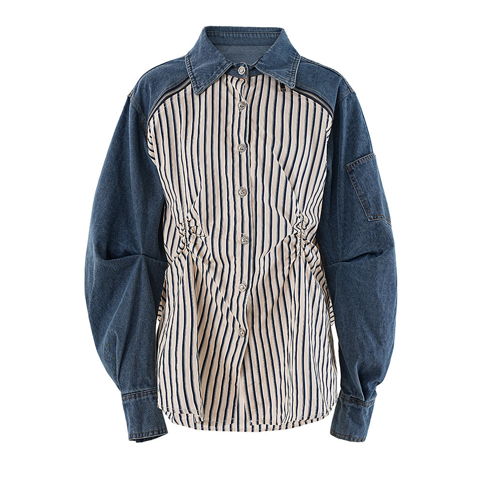 Striped Denim Panel Shirt with Cinched Waist – NOVA