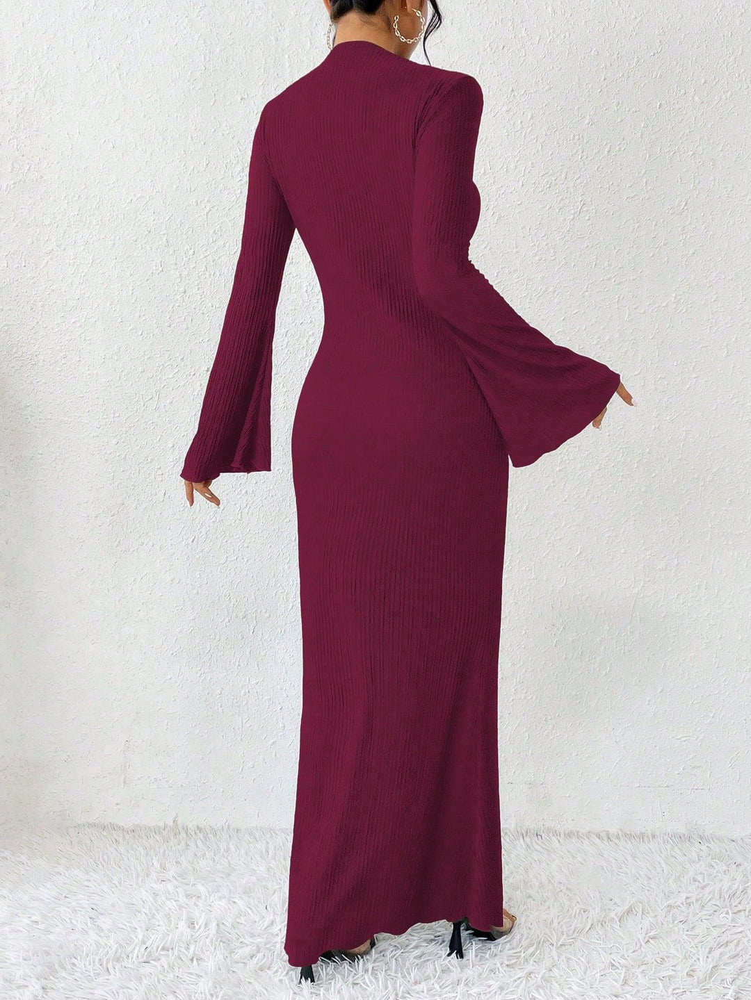 ribbed column maxi dress with flared sleeves – VAZIRA
