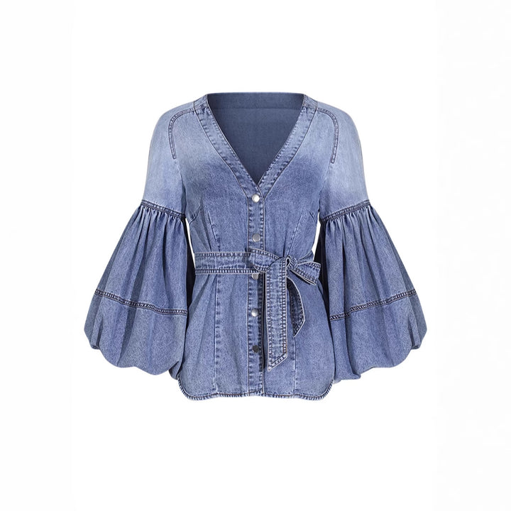 denim shirt with puffed sleeves and belted waist - AMARAXU