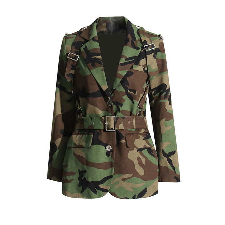 camouflage tailored blazer dress with utility straps – RANGER