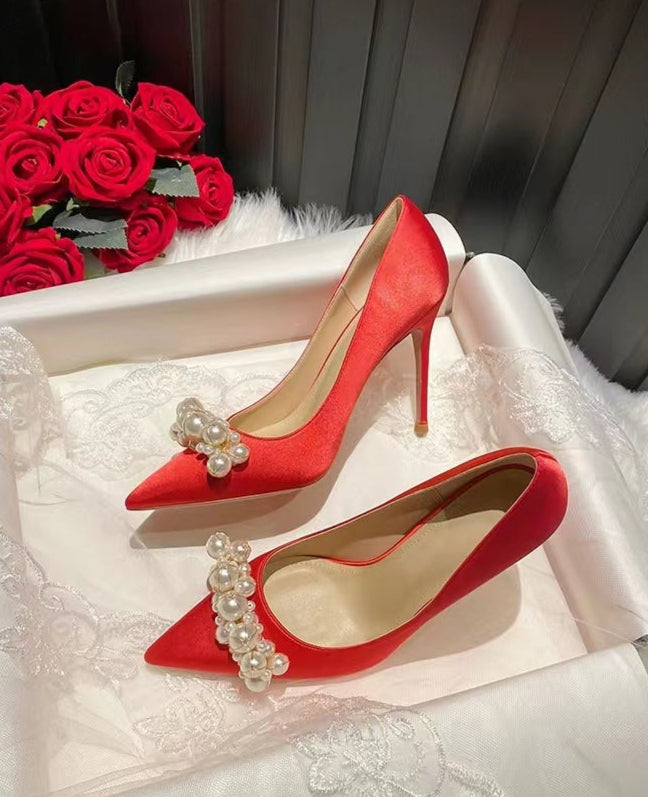 satin pointed-toe heels with crystal leaf embellishment – SERENATA