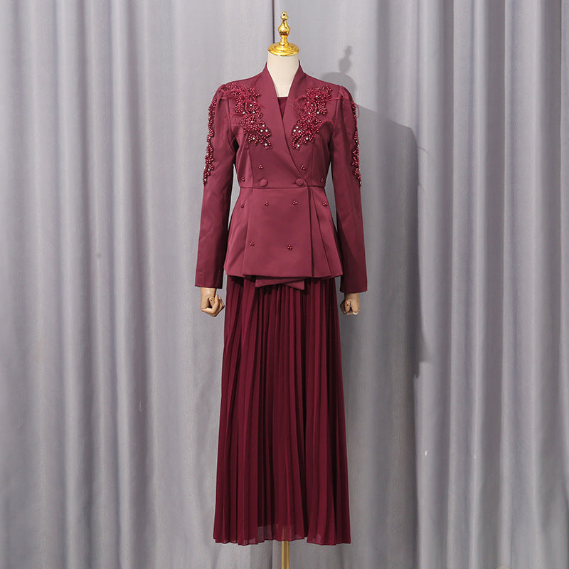 Plissiertes Oberteil mit ausgestellten Ärmeln und Maxirock-Set mit Taillengürtel – Rosiny 