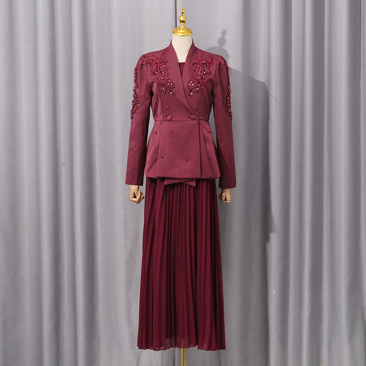 Plissiertes Oberteil mit ausgestellten Ärmeln und Maxirock-Set mit Taillengürtel – Rosiny 