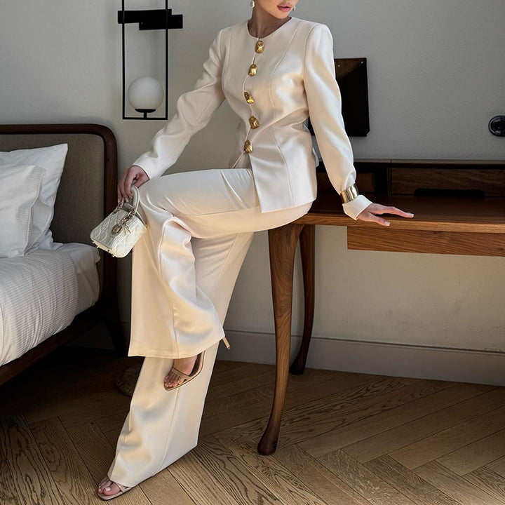 tailored ivory blazer set with gold statement buttons – AURELIE