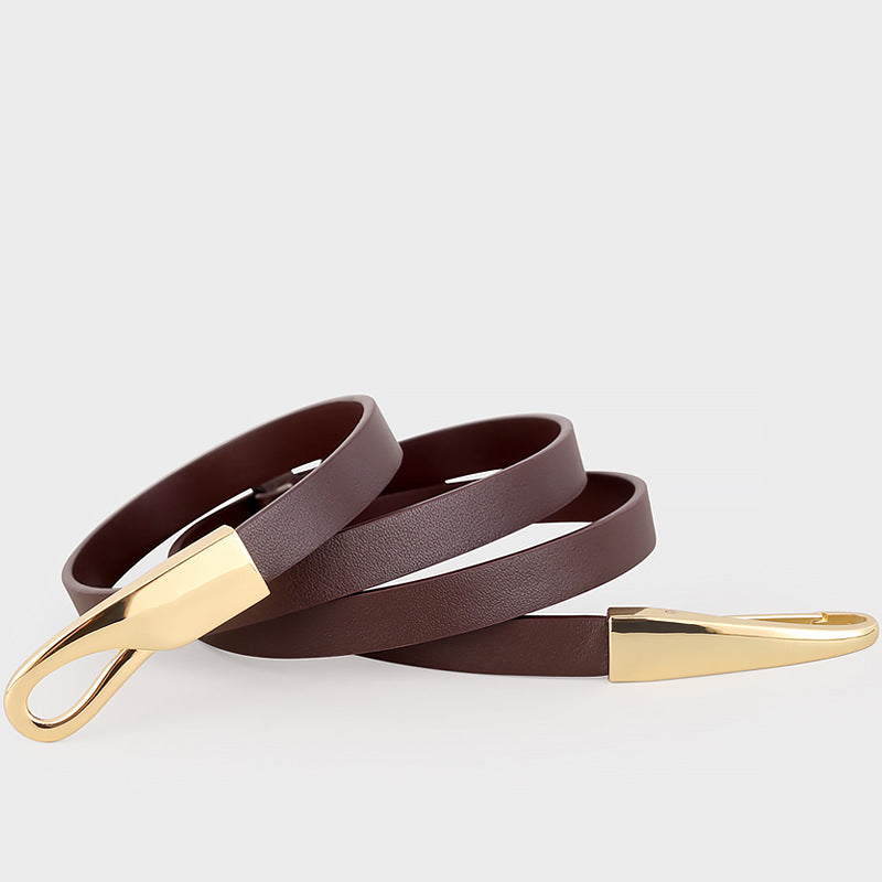 حزام جلدي رفيع بإبزيم ذهبي منحوت - أديل