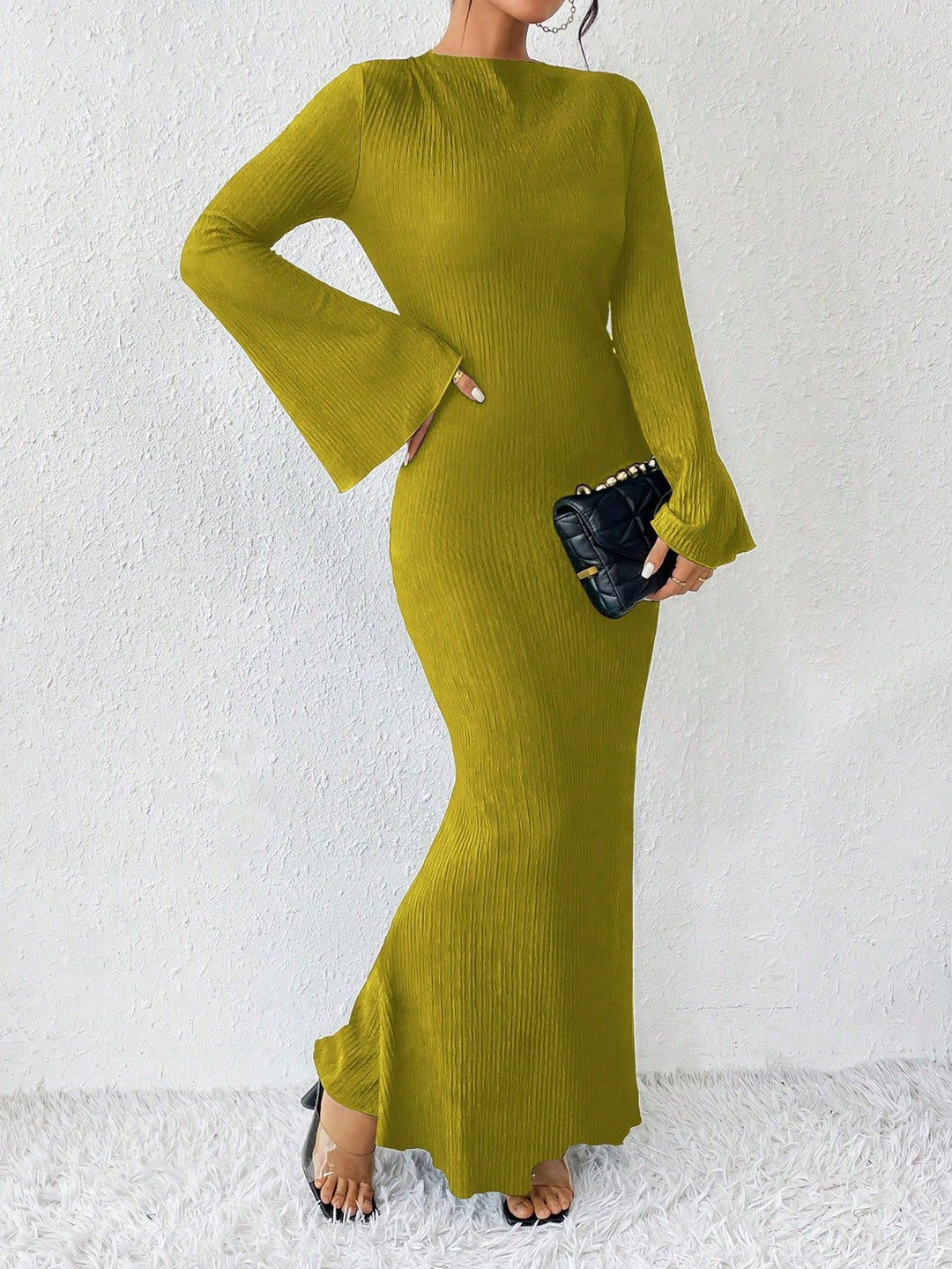 ribbed column maxi dress with flared sleeves – VAZIRA