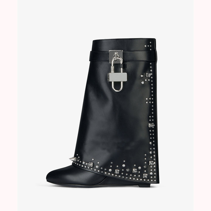 studded leather wedge boots with metallic lock – PANOVA
