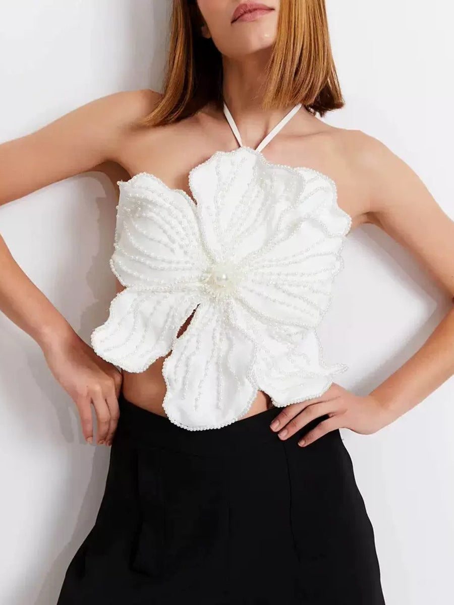 halter neck petal top with pearl embellishment – LUMIÈRE