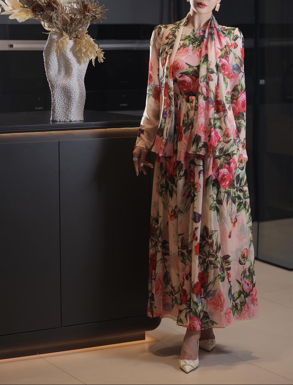 long-sleeve floral chiffon gown with pleated skirt – AMORA