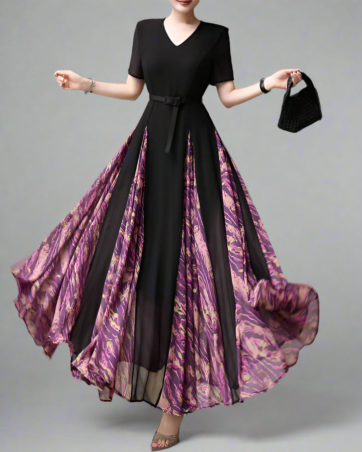 short sleeve belted maxi dress with printed panels - EVORA