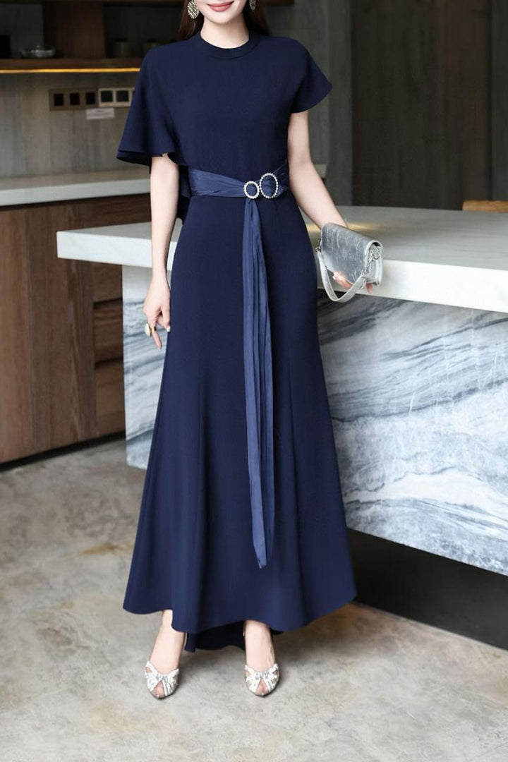 elegant flutter-sleeve maxi dress with draped belt – DARIA
