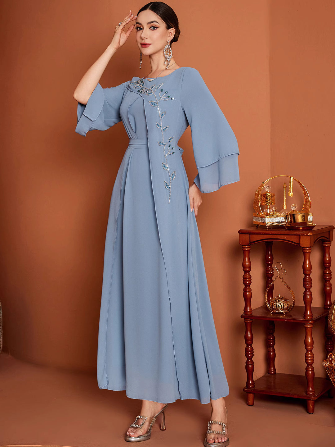 embroidered flare sleeve dress with draped waist - NOURALU