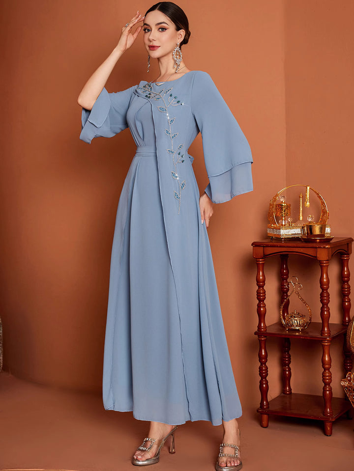 embroidered flare sleeve dress with draped waist - NOURALU