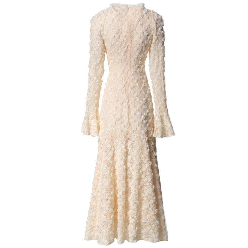 textured lace midi dress with flared sleeves – ESMÉE