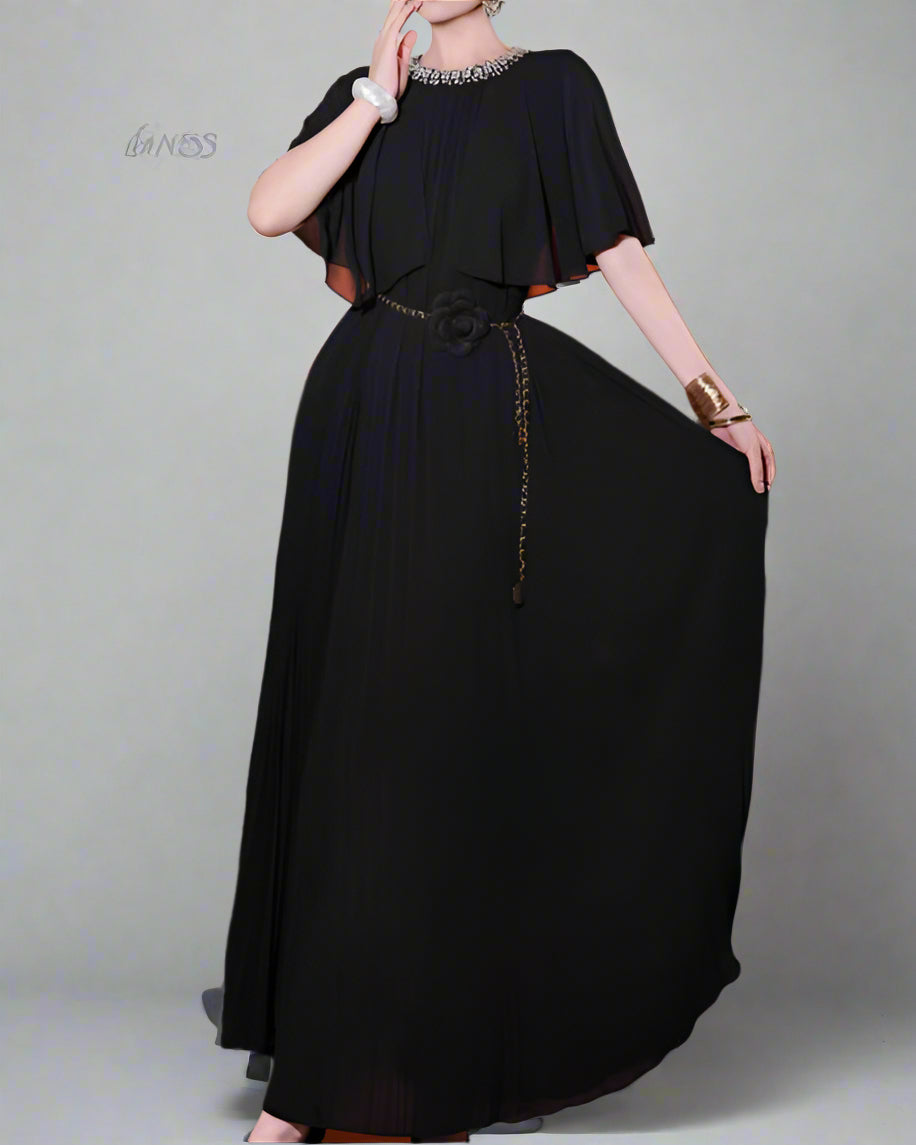 pleated cape-sleeve maxi dress with floral belt - AURORAD