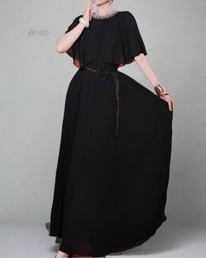 pleated cape-sleeve maxi dress with floral belt - AURORAD
