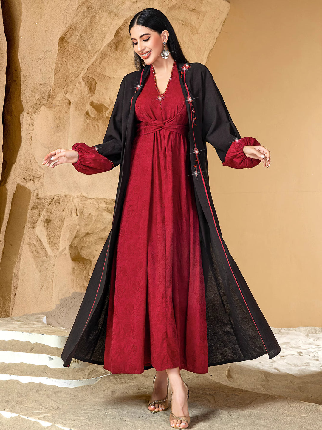 short-sleeve jacquard dress with open abaya - AMARAK