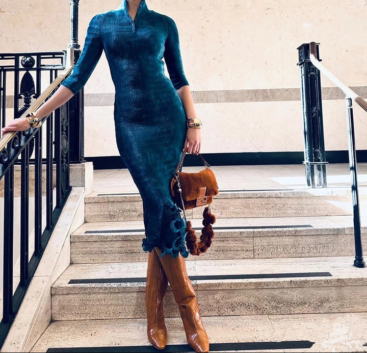 caramel knee-high leather boots with curved heel – SIENNA