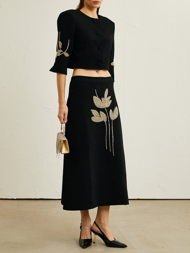 cropped button suit with beaded floral embroidery – AMARA