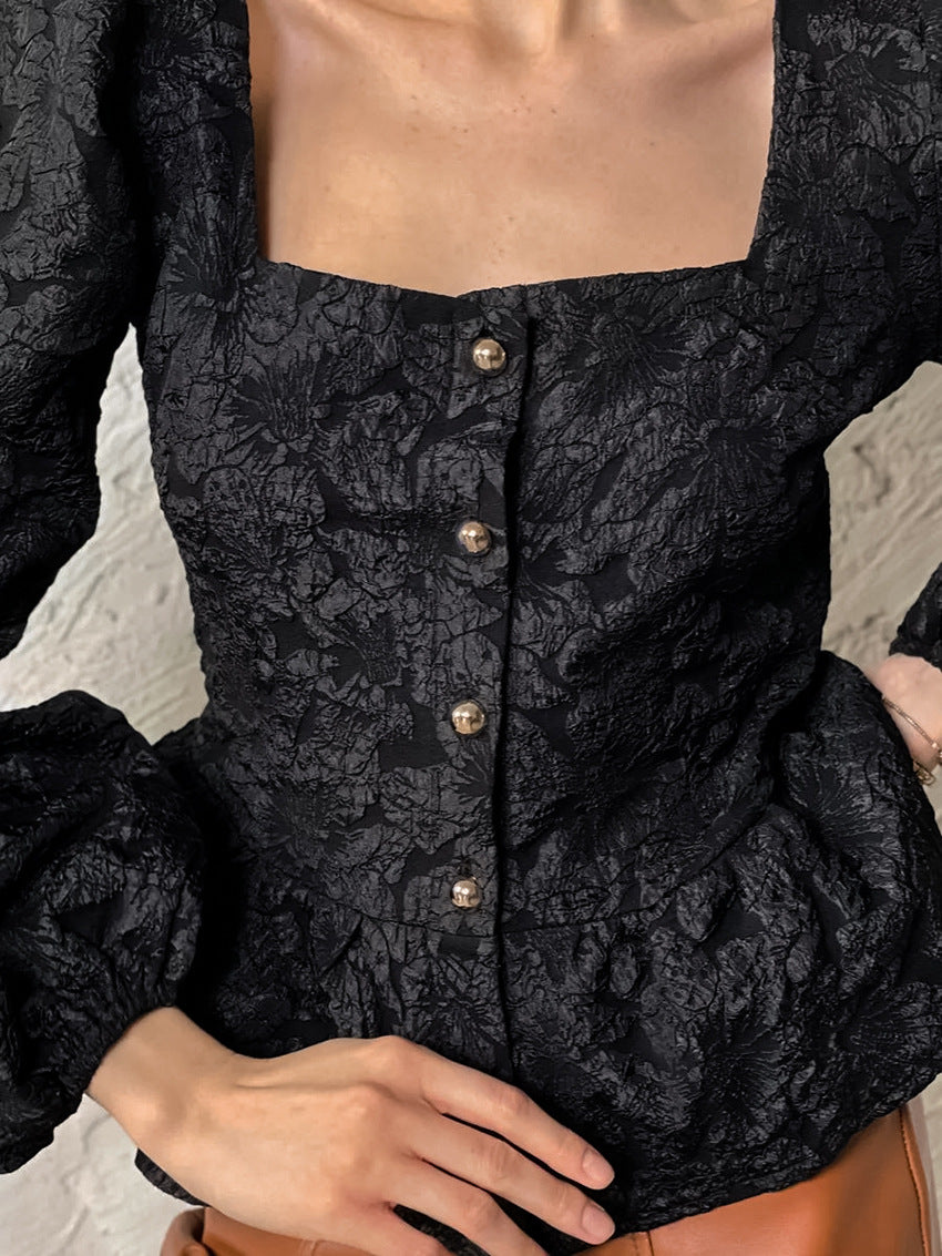 brocade puff-sleeve blouse with square neckline – DAMARA