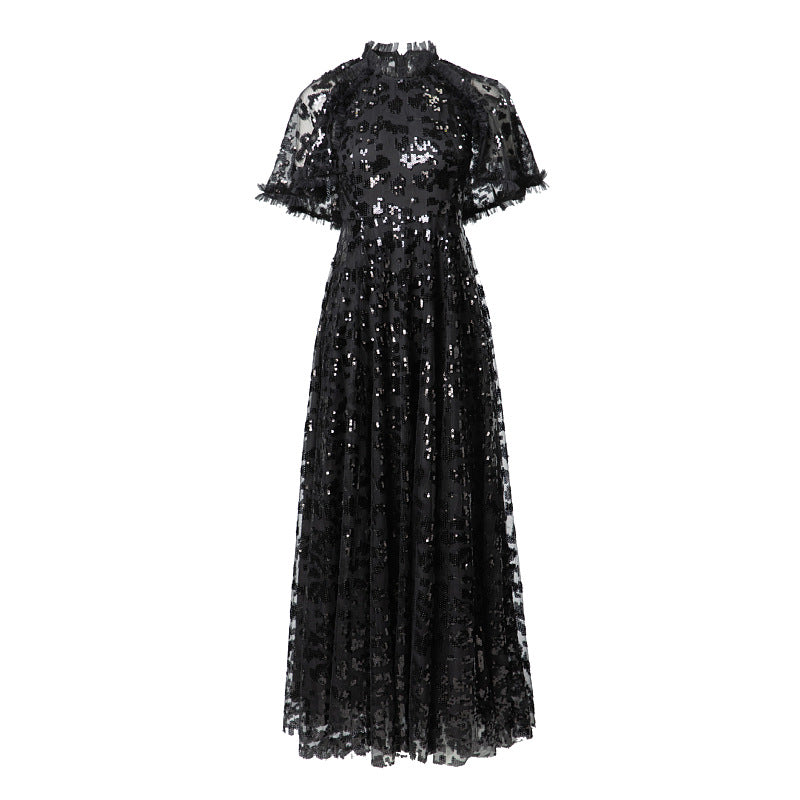 sequin lace midi gown with flutter sleeves – AURÉLIA