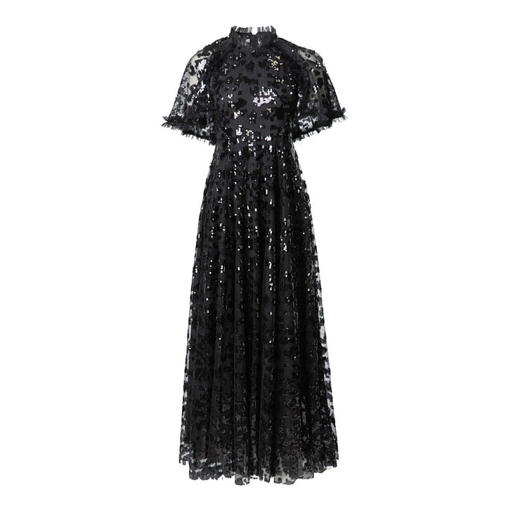 sequin lace midi gown with flutter sleeves – AURÉLIA