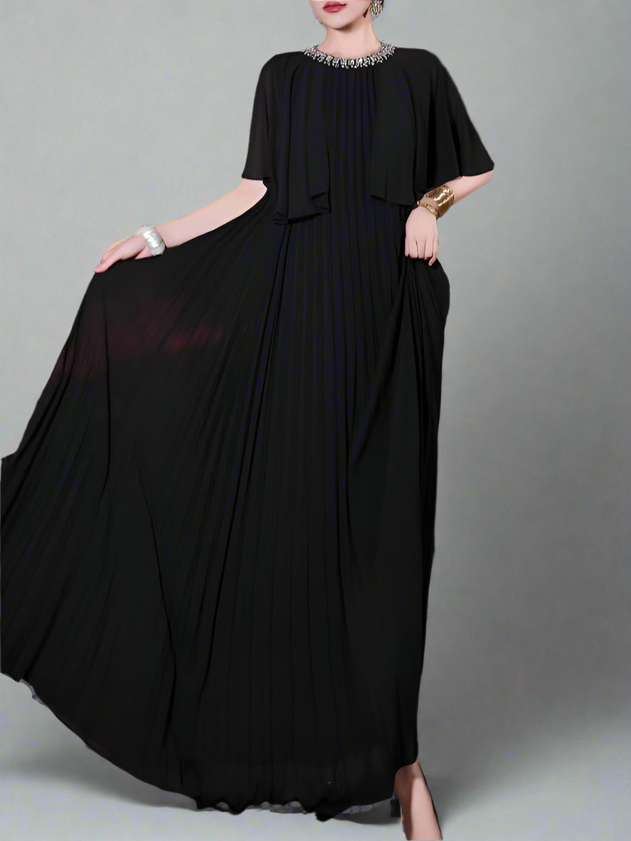 pleated cape-sleeve maxi dress with floral belt - AURORAD