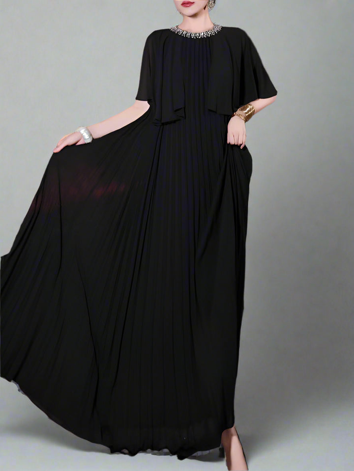 pleated cape-sleeve maxi dress with floral belt - AURORAD