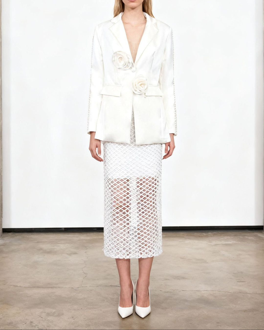 Plissiertes Oberteil mit ausgestellten Ärmeln und Maxirock-Set mit Taillengürtel – Rosiny 