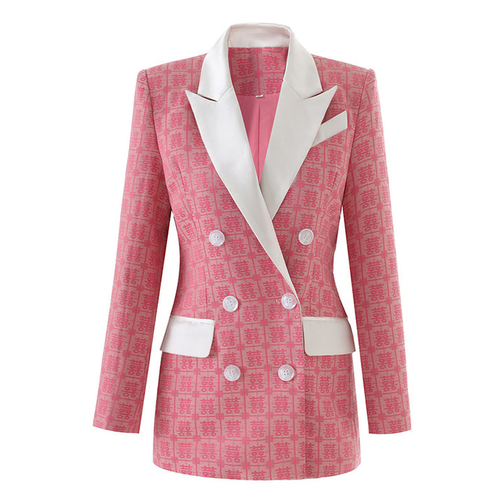 double-breasted jacquard blazer with satin lapel – ROSÉ