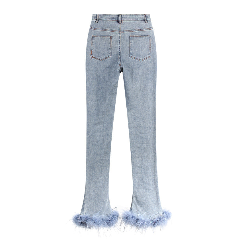 بنطلون جينز مستقيم الساق مع حاشية من الريش - أوريكسا