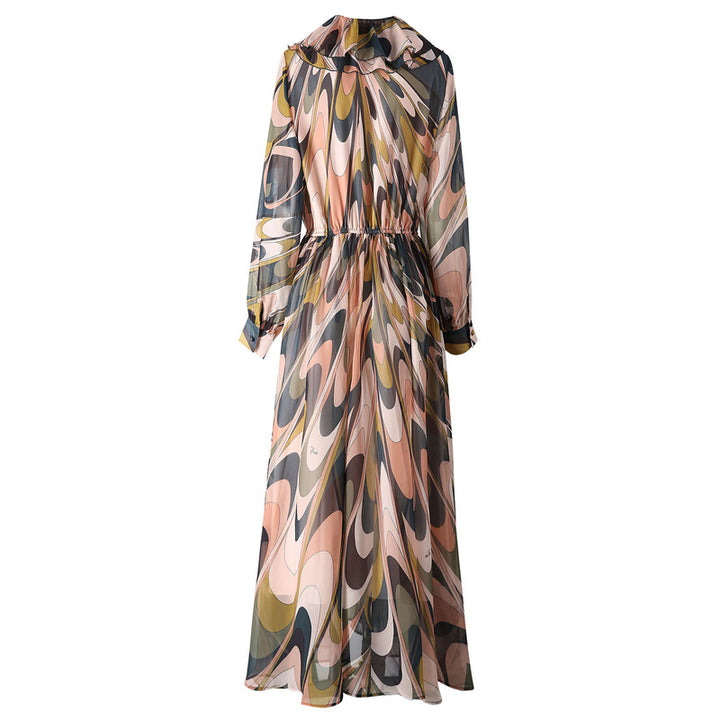 printed chiffon maxi dress with ruffled neckline – ELLORA