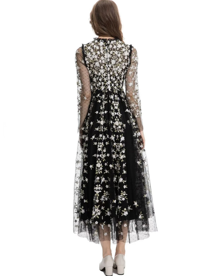 embroidered tulle midi gown with long sleeves – ORYVLA