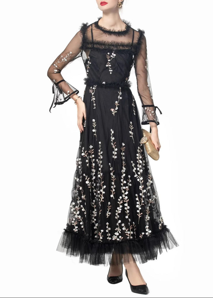embroidered tulle gown with sheer sleeves – NOIR