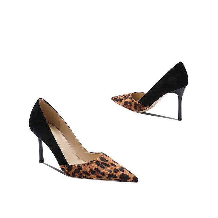 حذاء بكعب مدبب بطبعة جلد النمر وجلد سويدي أسود متباين - سولادو