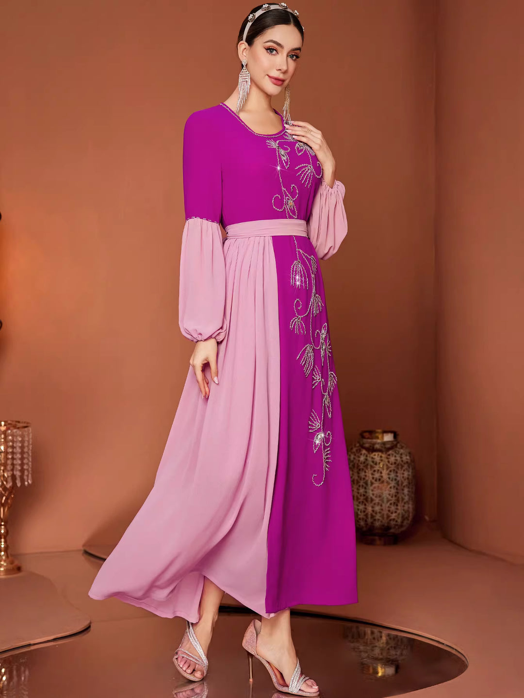 Embroidered Color-Block Maxi Dress with Chiffon Sleeves – VIOLETTE