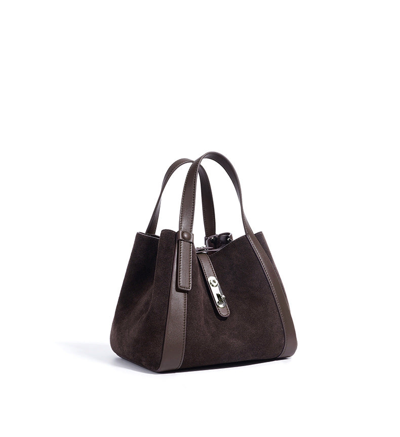 suede tote bag with leather trim and clasp – NOELLEVU