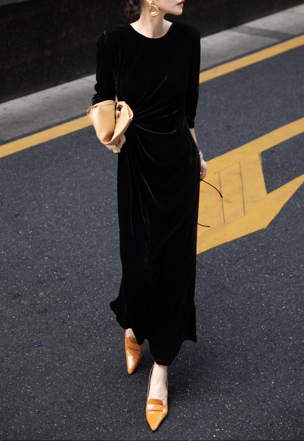 velvet draped column dress with side twist – MIDNIGHT