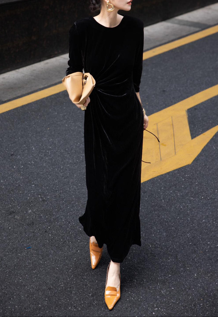 velvet draped column dress with side twist – MIDNIGHT