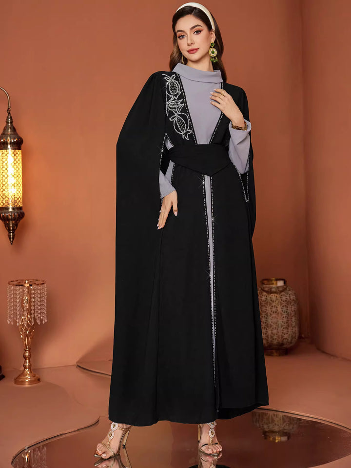 Embroidered Open Abaya with Inner Dress and Waist Belt – NOURA