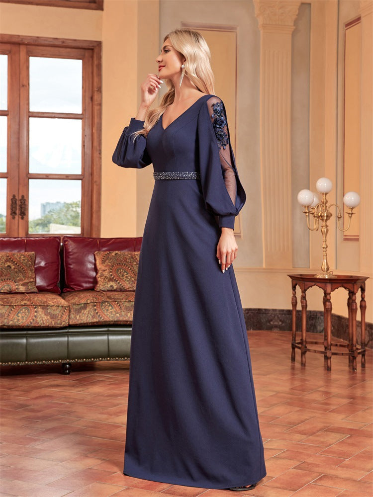 chiffon-sleeve evening gown with beaded waist – MIDNIGHT POISE –