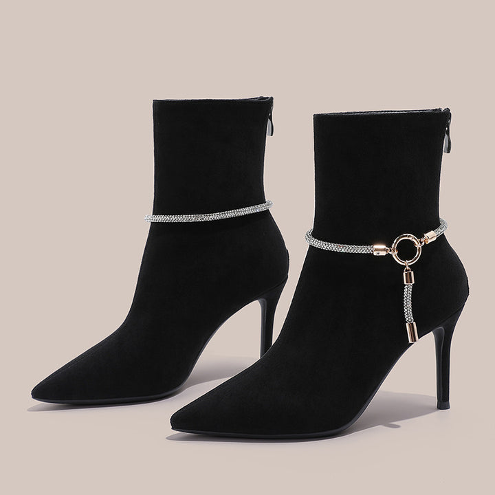 pointed-toe suede ankle boots with metallic ring detail – ARIADI