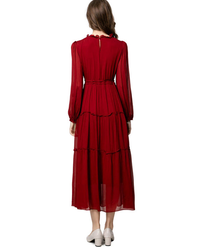 فستان شيفون متعدد الطبقات بأكمام طويلة وتطريز زهري - سكارليزا