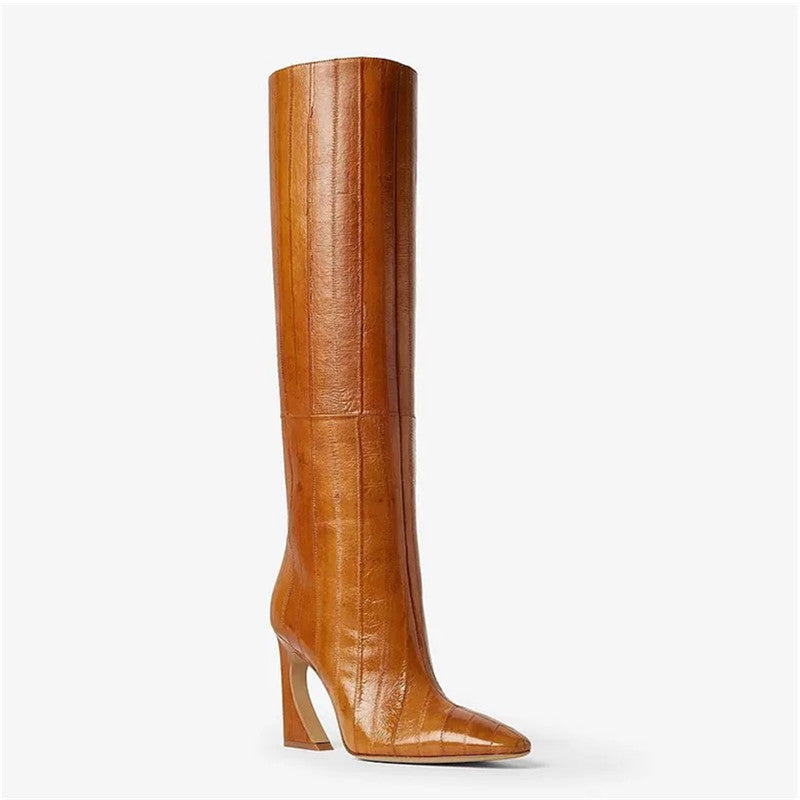 caramel knee-high leather boots with curved heel – SIENNA