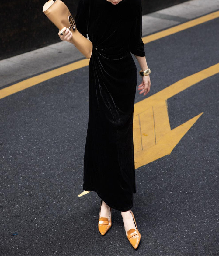 velvet draped column dress with side twist – MIDNIGHT