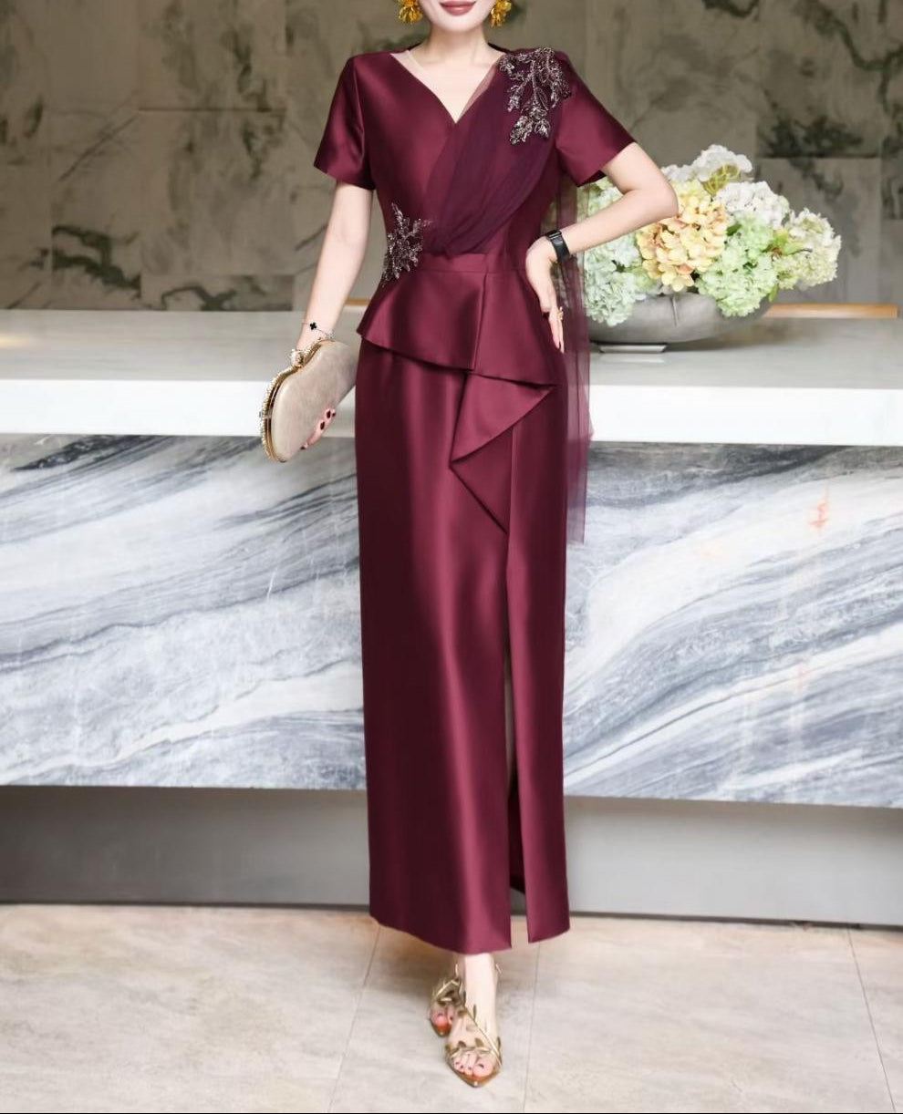 v-neck satin gown with embellished floral drape – NAVIA