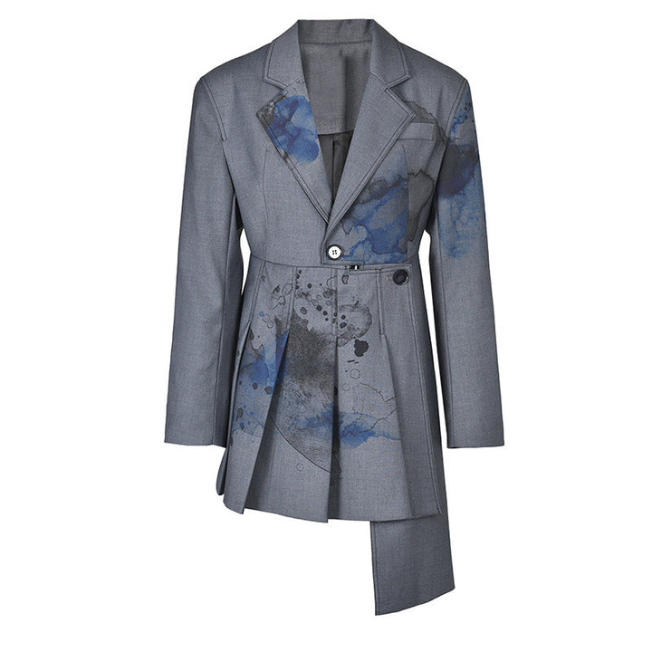 printed belted tailored blazer with pleated skirt panel – AZURA