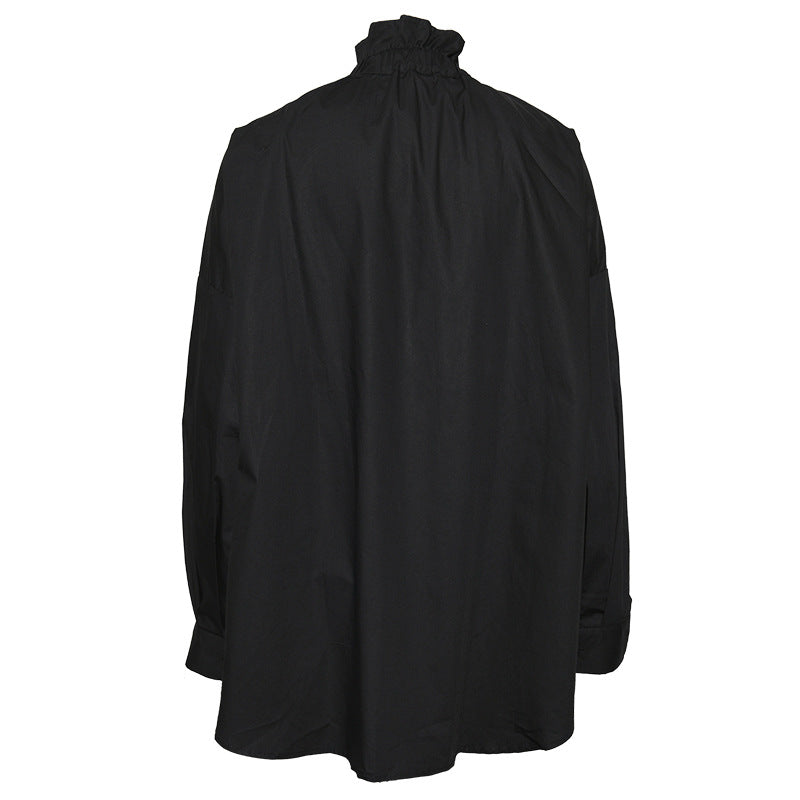 High-Neck Ruffled Blouse with Jewel Button – EMERALD