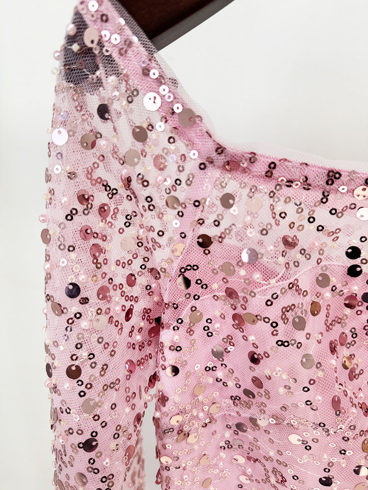 Plissiertes Oberteil mit ausgestellten Ärmeln und Maxirock-Set mit Taillengürtel – Rosiny 