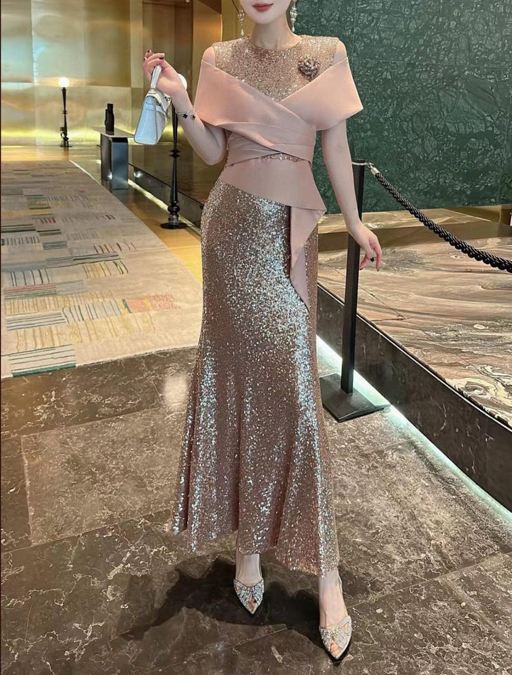 sequin mermaid dress with satin cross-wrap bodice – VIOLETTA